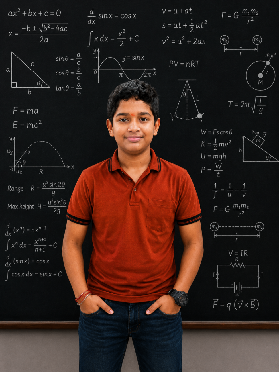 Samith in front of a blackboard filled with math and physics formulas.