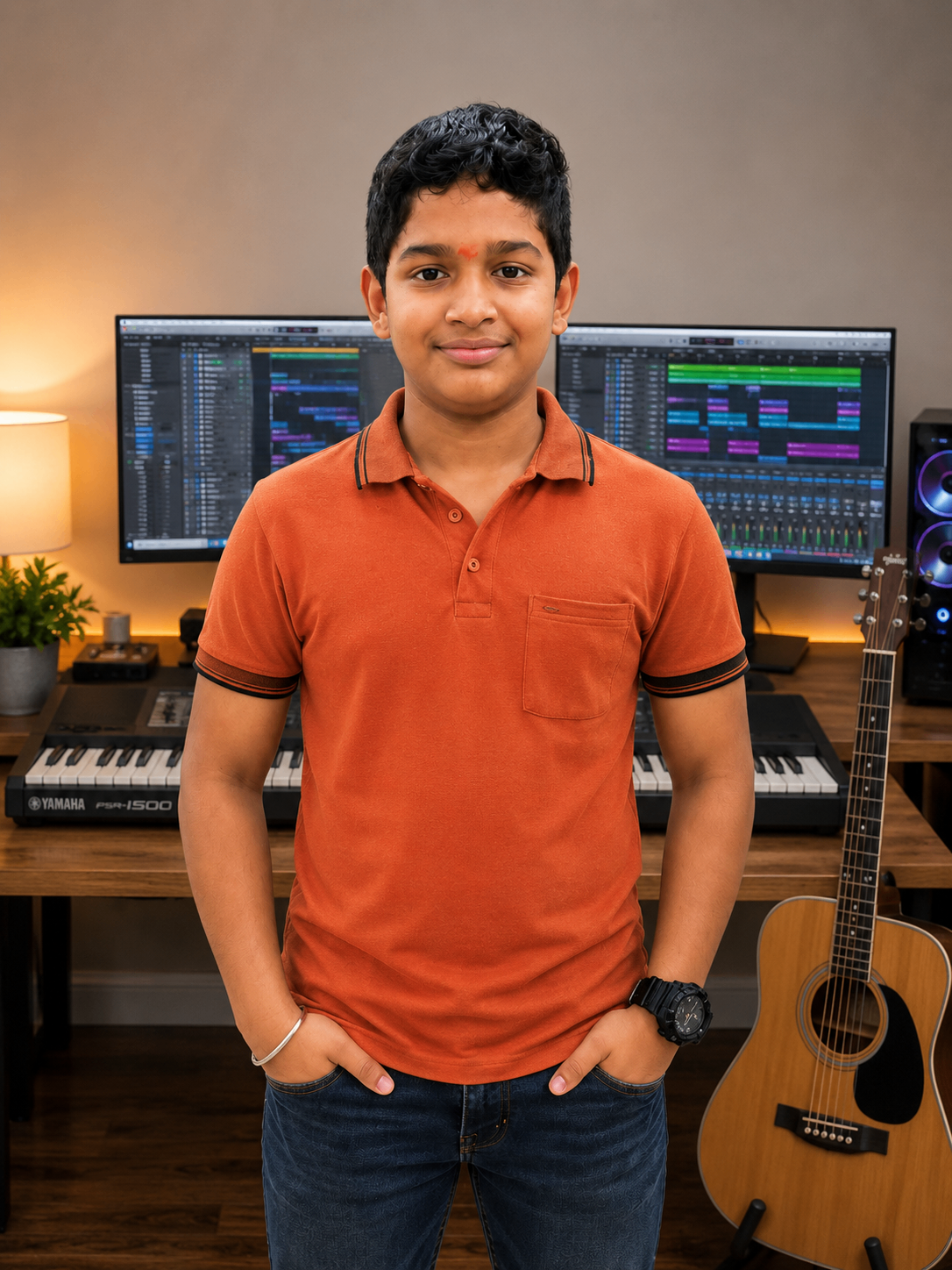 Samith in a music studio with keyboard, guitar, and production screens.