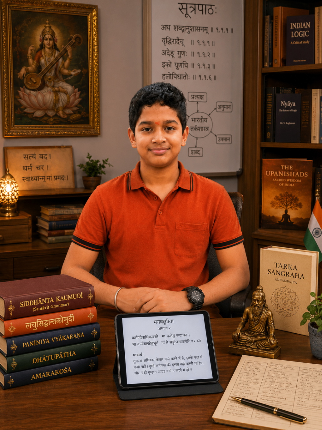 Samith studying Sanskritam with books, notes, and classical references.