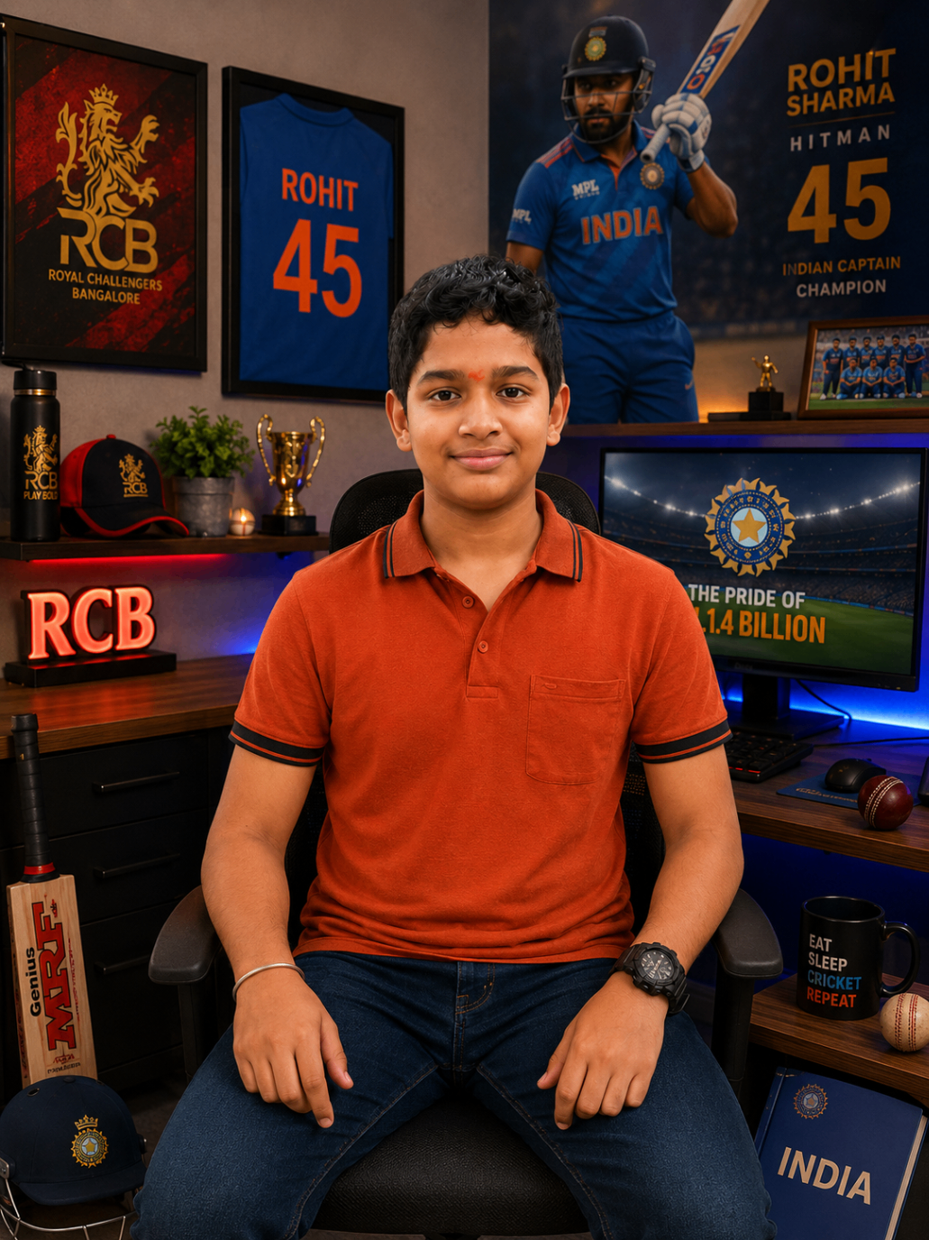 Samith in a cricket-themed room with bat, jerseys, and cricket posters.