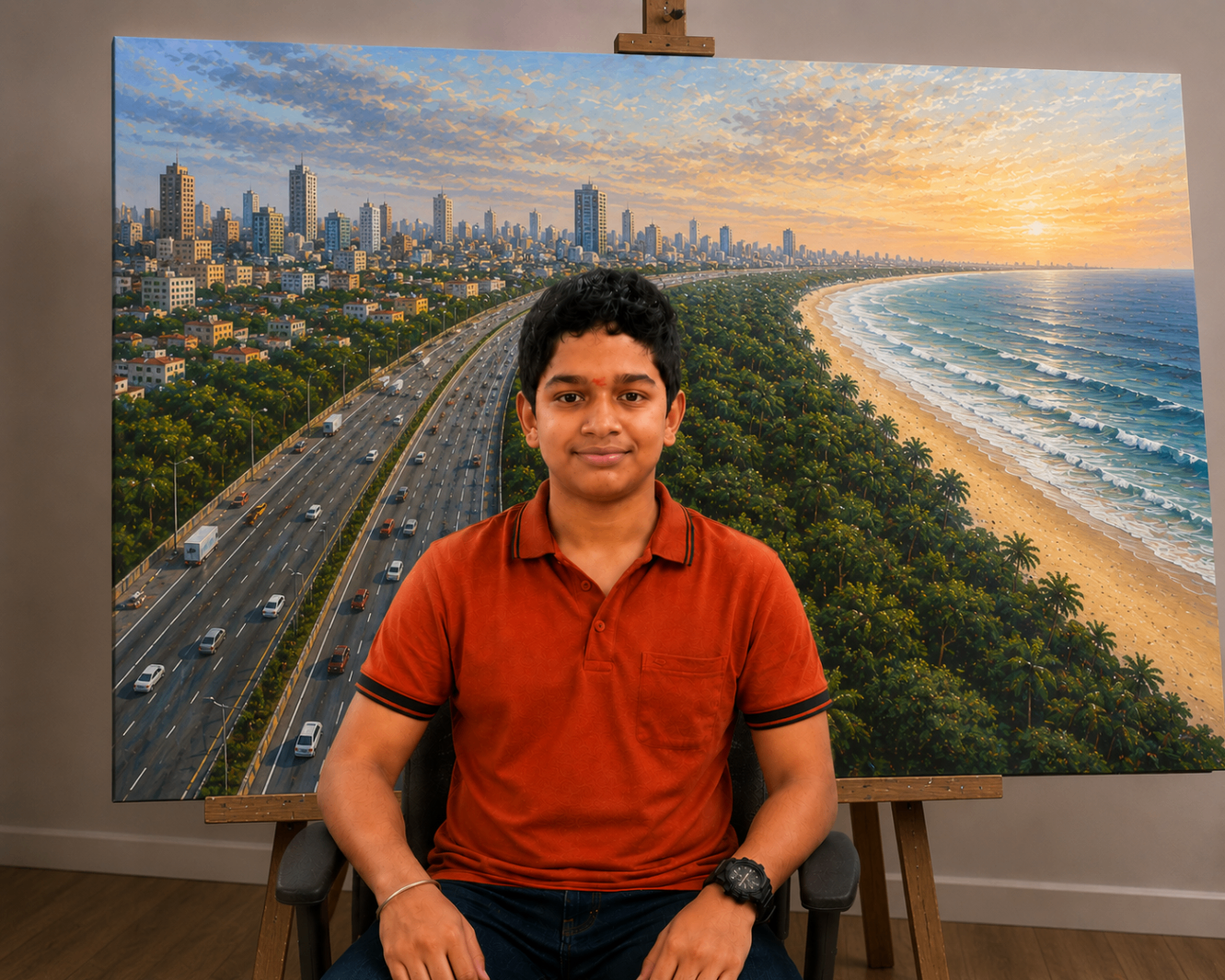 Samith seated in front of a large painting on an easel.