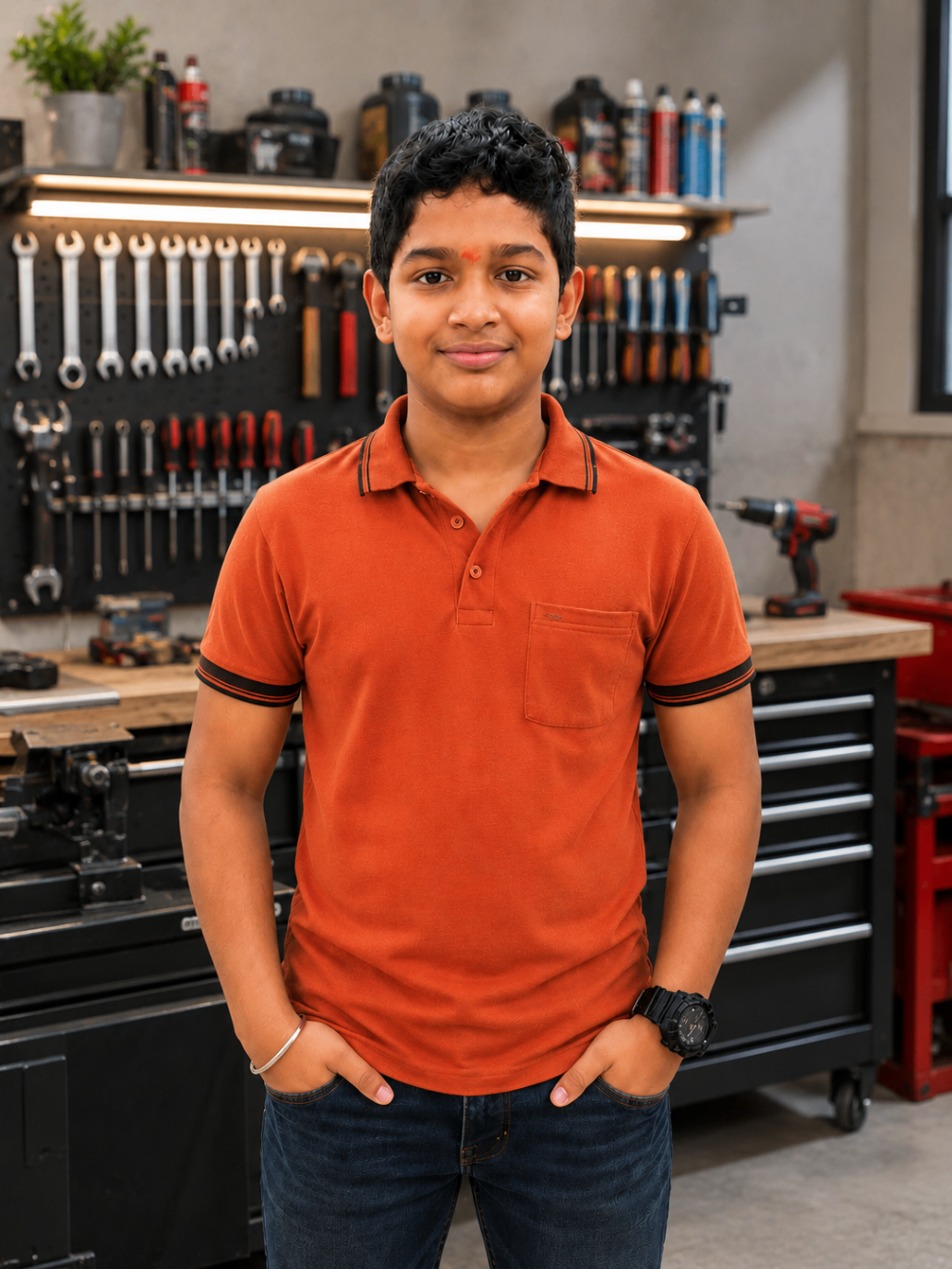 Samith in a workshop surrounded by tools and mechanical equipment.
