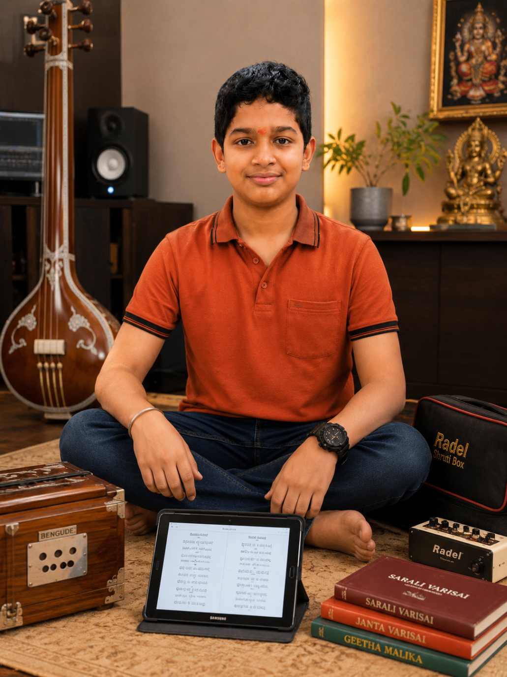 Samith practicing Carnatic music with traditional instruments and notes.