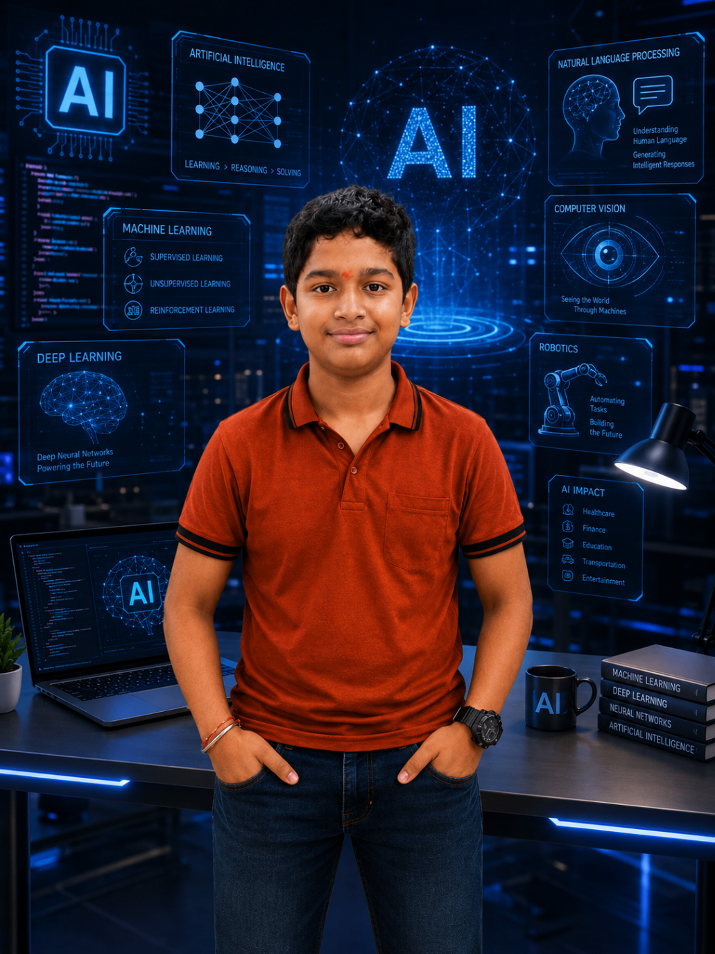 Samith in an AI-themed setup with futuristic screens and machine learning visuals.
